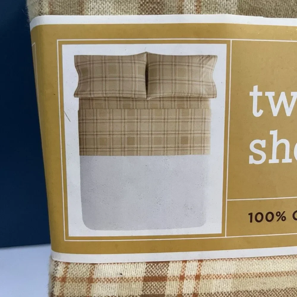 Martha Stewart Cabin Plaid Flannel Sheet Set TWIN Neutral Autumn Yellow NEW